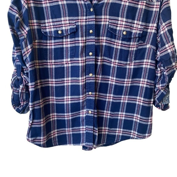 Plaid Flannel Blue Red Boys Style Jachs Girlfriend Button Down Shirt Size Large - Picture 4 of 10